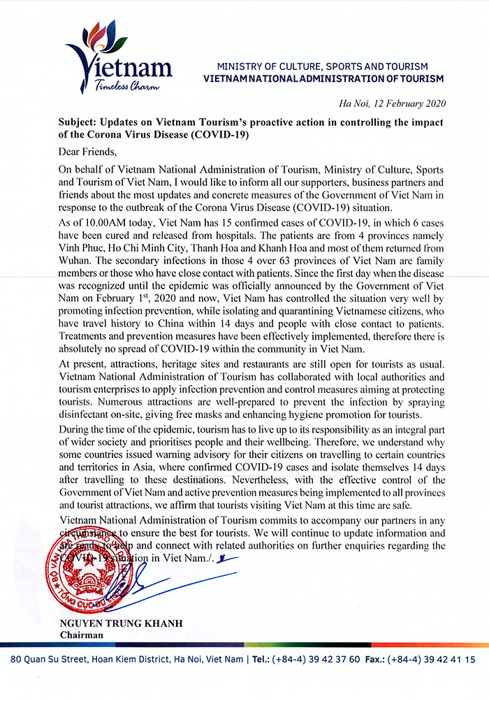 12 February 2020: VNAT’s Chairman Nguyen Trung Khanh sends letter to international partners confirming tourist spots in Viet Nam still open